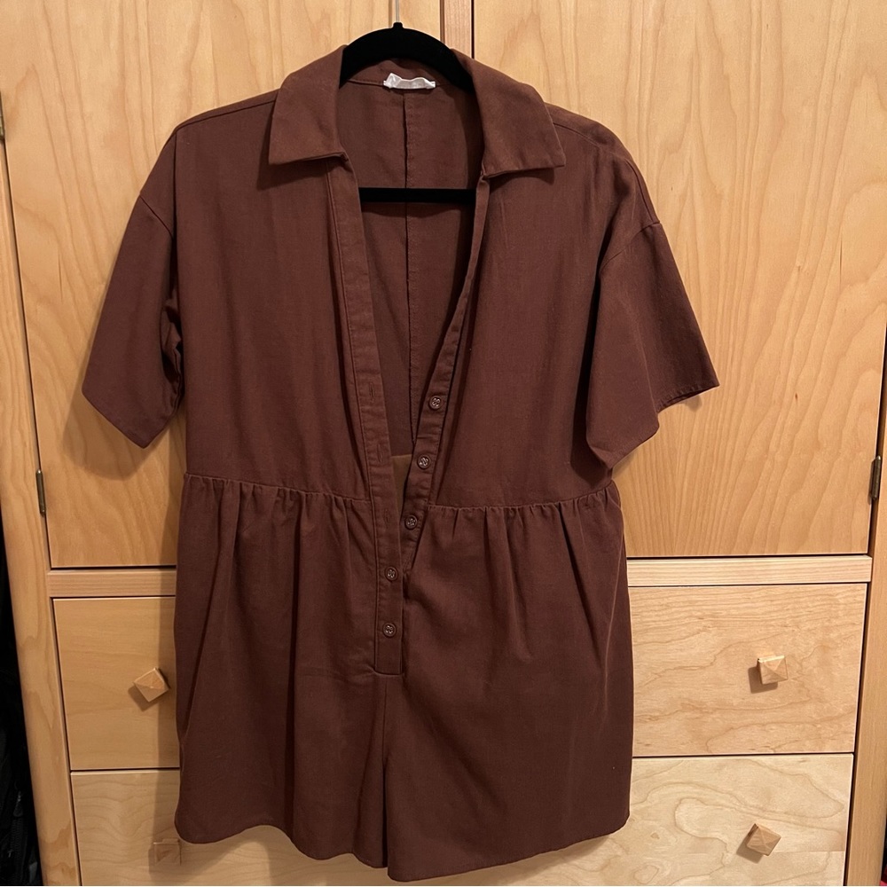 vestique brown button up romper